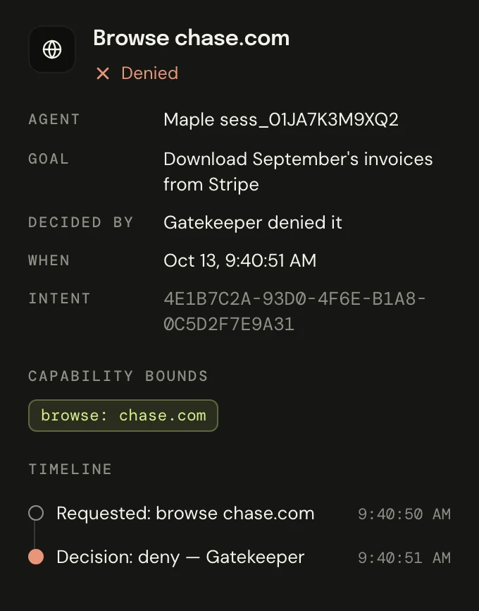 Latch's record of Maple's denied request to browse chase.com, decided by Gatekeeper, with its timeline.