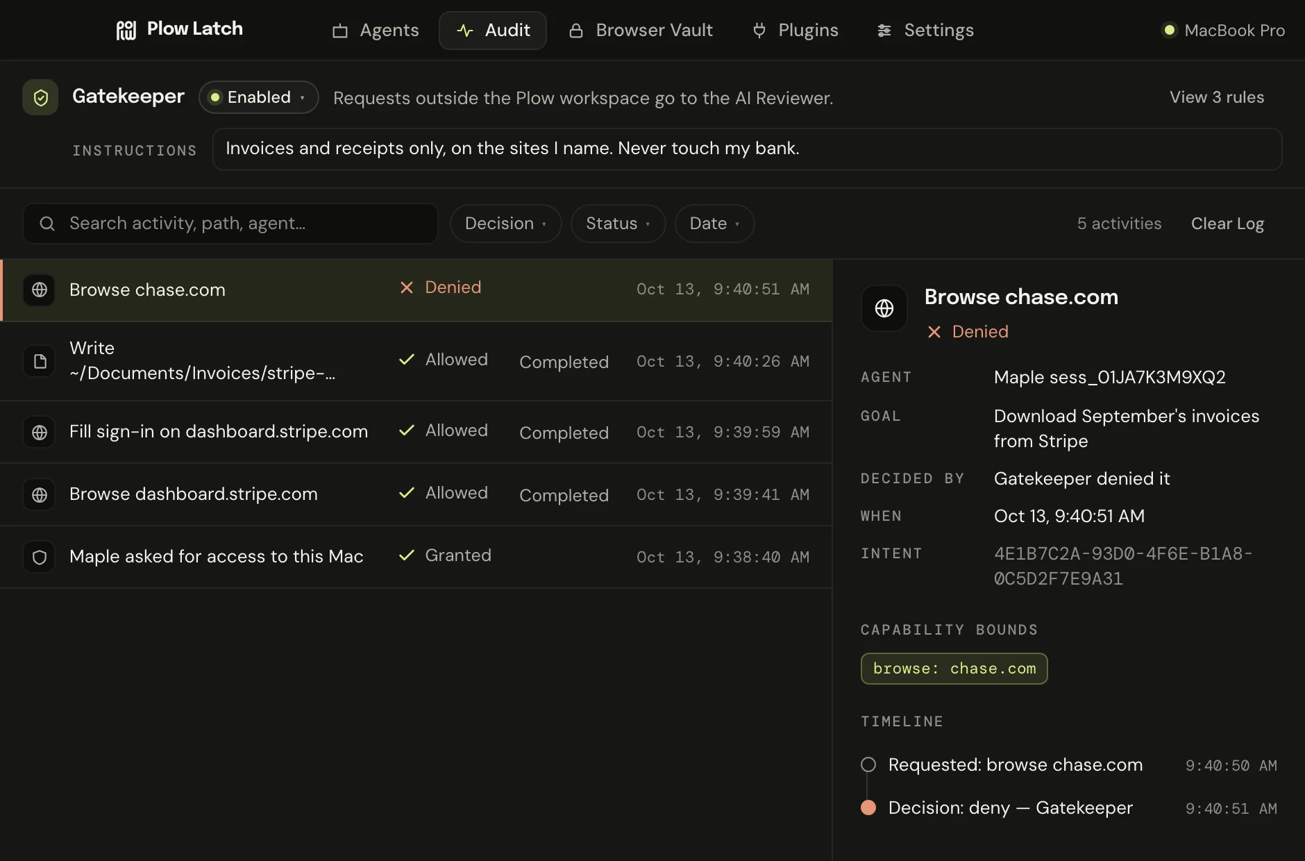 Latch's Audit tab: Maple browsed dashboard.stripe.com, filled the Stripe sign-in and saved the invoice to ~/Documents/Invoices, all allowed; its request to browse chase.com was denied by Gatekeeper.