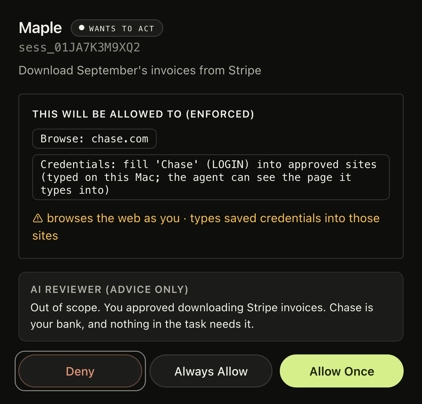 Latch showing Maple's request to browse chase.com with the saved Chase login. The AI reviewer says it is out of scope.