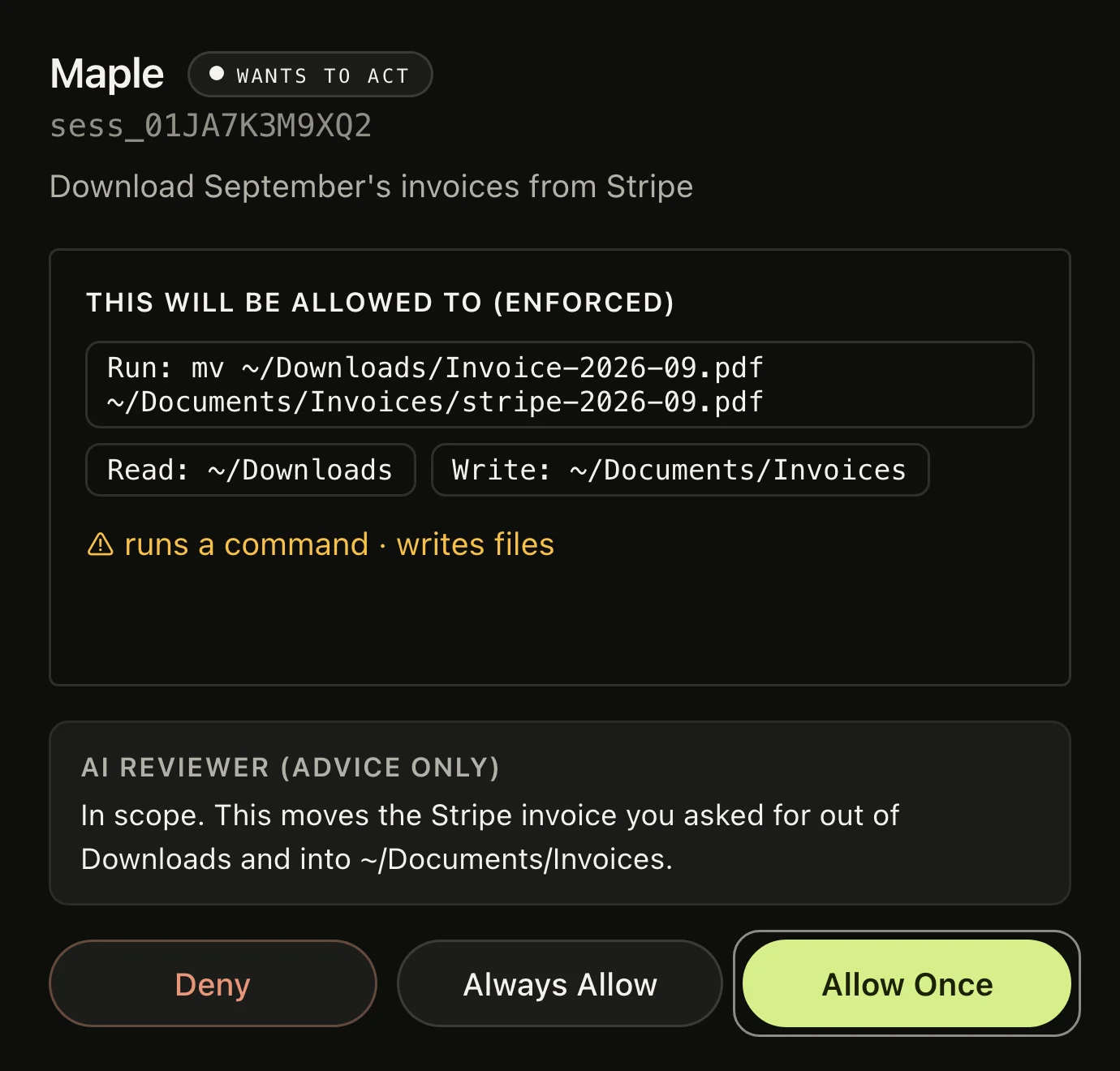 A request from Maple listing the command it will run and the folders it will read and write.